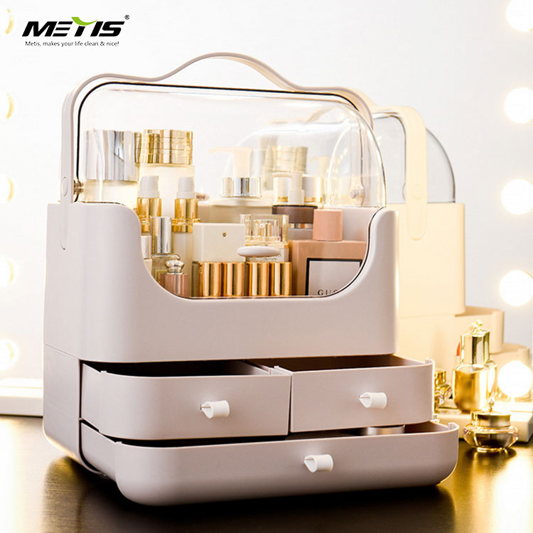 2019 new design big capacity dust-proof waterproof plastic cosmetic storage box with lid and handle